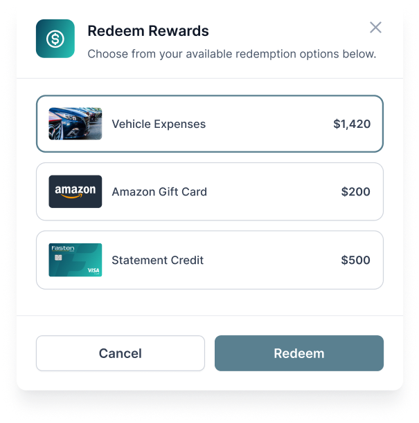 Redeem Rewards like vehicle expenses, amazon, statement credit